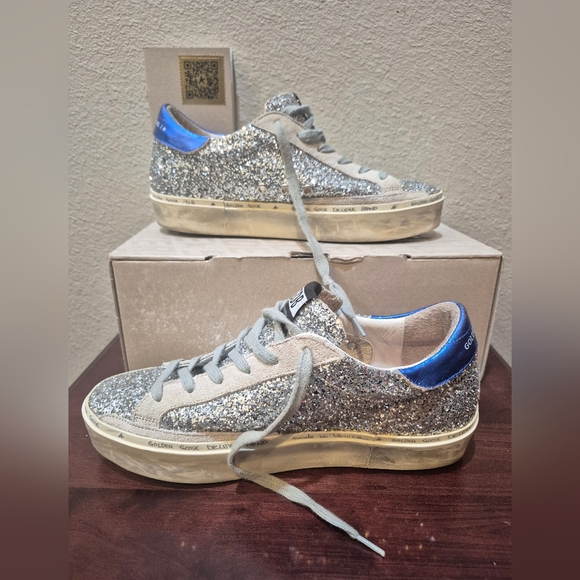 Gokden Goose Hi Star Glitter Sneakers with Blue Accents Size 38 - Picture 3 of 7